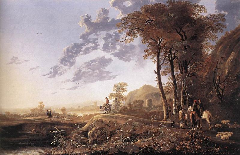 CUYP, Aelbert Evening Landscape with Horsemen and Shepherds dgj oil painting picture